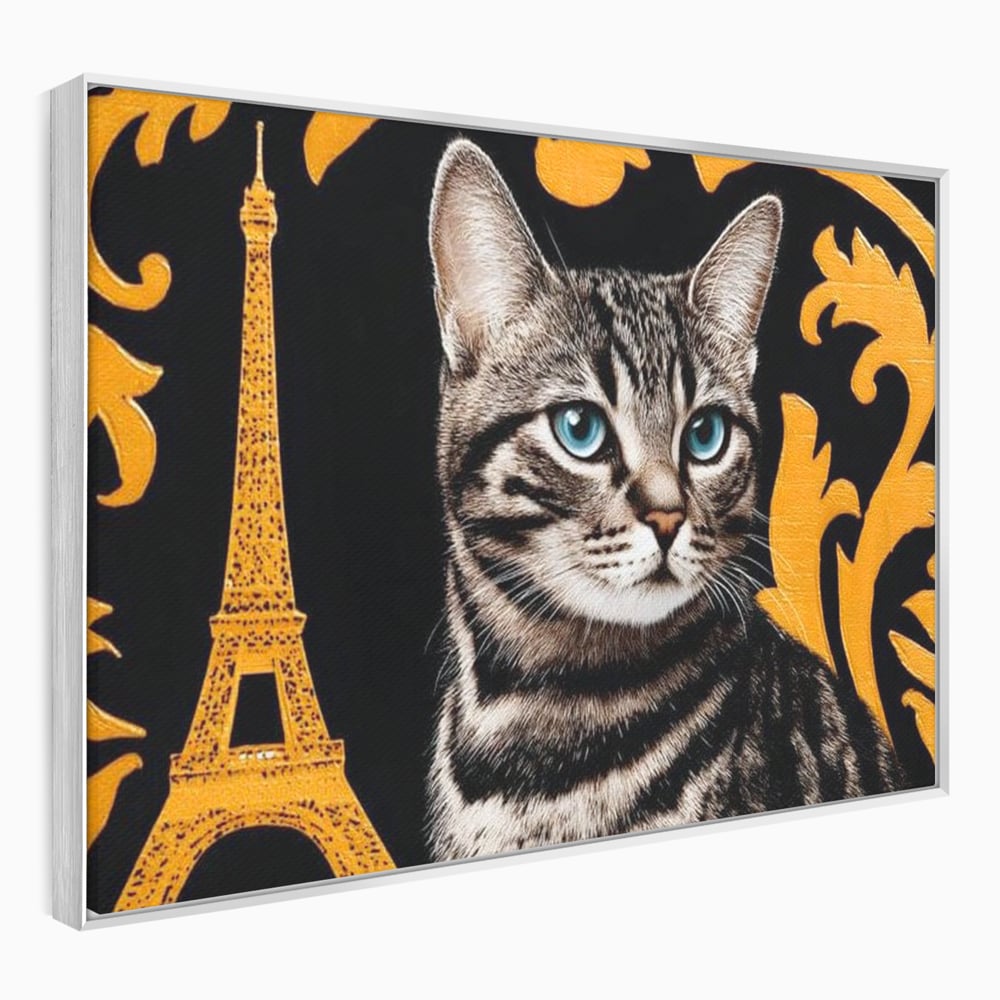 Tablou canvas cu tablou canvas cu pisica si turnul eiffel, in rama de aluminiu argintiu